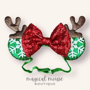 🎄 Frosty Forest Elastic Minnie Ears | Disney-Inspired Adjustable Christmas Ears